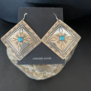 Navajo Blue Turquoise Earrings | Stamped Sterling Silver | Authentic Native American Handmade | 13324