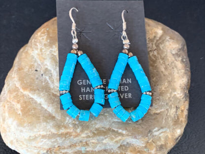 Navajo Turquoise Heishi Sterling Silver Pearls Beads Earrings | 1.5" | Authentic Native American Handmade | 13044