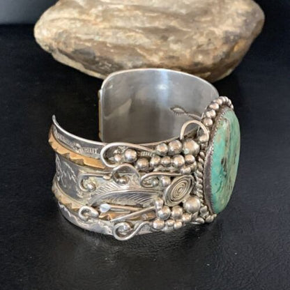 Navajo Green Turquoise Cuff Bracelet | Sterling Silver & 12K Gold | Authentic Native American Handmade | 14116 - Masha USA