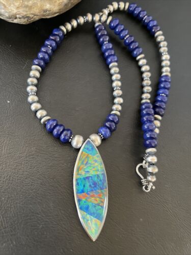 Men's Sterling Silver Necklace | Blue Lapis Bead Opal Inlay Pendant | Authentic Native American Handmade | 10585