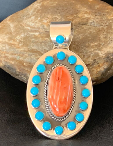 Navajo Multi-Stone Cluster Pendant | Blue Turquoise & Spiny Oyster | Sterling Silver | 11564