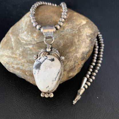 Men's Navajo Pearl White Buffalo Turquoise Necklace Pendant | Sterling Silver | Native American | 13739