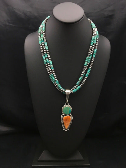 Navajo Kingman Turquoise & Spiny Oyster Necklace Pendant | Sterling Silver | 21" | Multi-Stone 2861