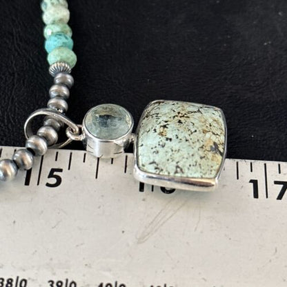 Navajo Pearls Necklace with Wild Horse Turquoise Pendant | Sterling Silver | Authentic Native American Handmade | 13906