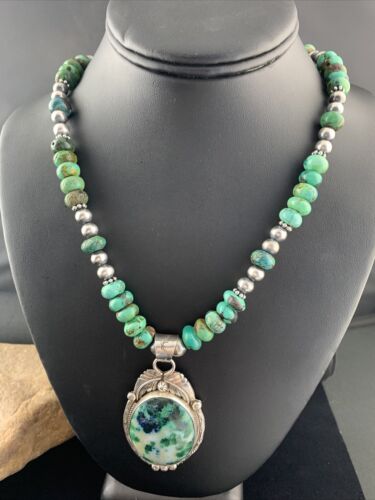 Men's Navajo Turquoise Necklace with Moss Agate Pendant | Sterling Silver | Authentic Native American Handmade | 1626