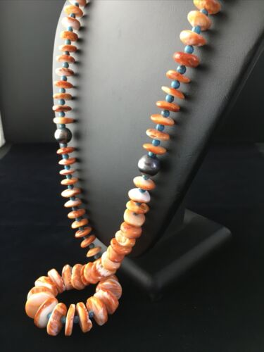 Navajo Orange Spiny Oyster & Turquoise Graduated Necklace | Sterling Silver | Authentic Native American | 30" | 1771