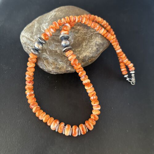 Navajo Orange Spiny Oyster Necklace | Sterling Silver Pearls | 20" | Authentic Native American Handmade | 14645