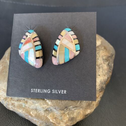 Navajo Mother of Pearl & Onyx Inlay Post Stud Earrings | Sterling Silver | Authentic Native American Handmade | 3746