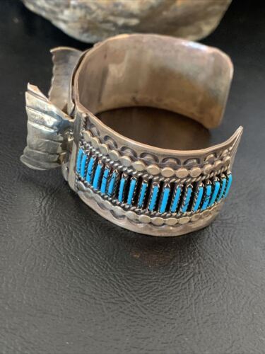 Authentic Native American Zuni Sterling Silver Watch Cuff Bracelet | Blue Turquoise Inlay Tips | 12332
