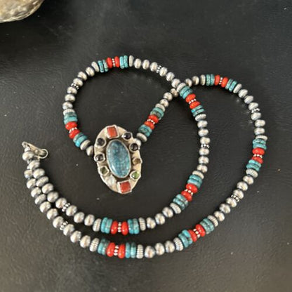 Navajo Multi-Color Blue Turquoise Coral Necklace Pendant | Authentic Native American Sterling Silver | Naja | 14371 - Masha USA