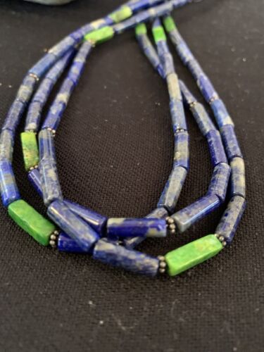 Men's Navajo Lapis Green Turquoise Necklace | 3 Strands Sterling Silver | 21" | Authentic Native American Handmade | 620
