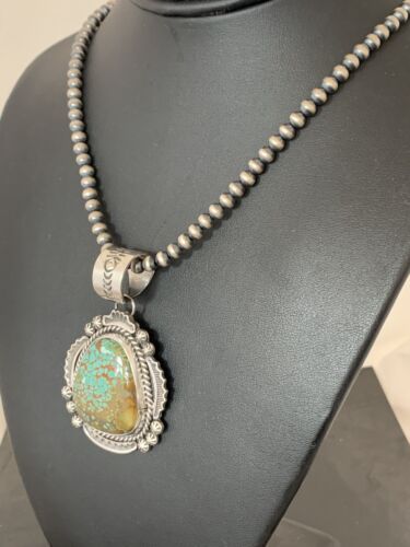 Men's Sterling Silver Turquoise #8 Pendant | Navajo Pearl Necklace | Authentic Native American Handmade | 207