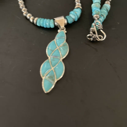Authentic Native American Navajo Sterling Silver Pendant | Blue Turquoise & Opal Inlay Necklace | 11329