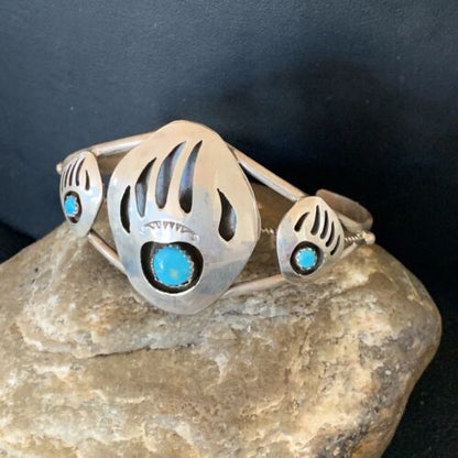 Navajo Turquoise Bear Paw Cuff Bracelet | Sterling Silver | Authentic Native American Handmade | 12874