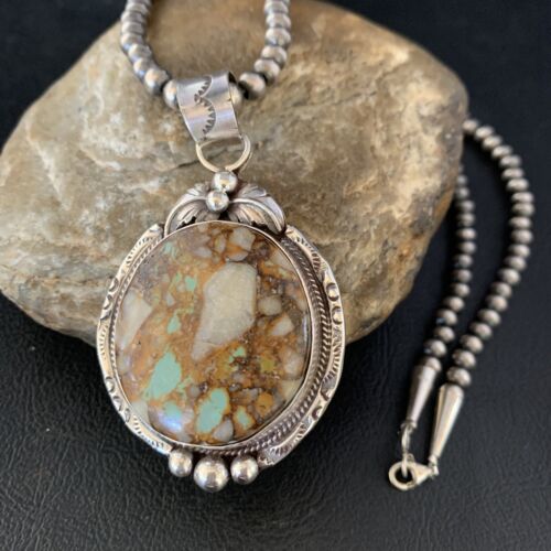 Men's Navajo Boulder Turquoise Pendant Necklace | Sterling Silver | Authentic Native American Handmade | 13658