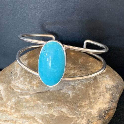 Minimalist Women's Cuff Bracelet | Sterling Silver | Blue Kingman Turquoise | 12866