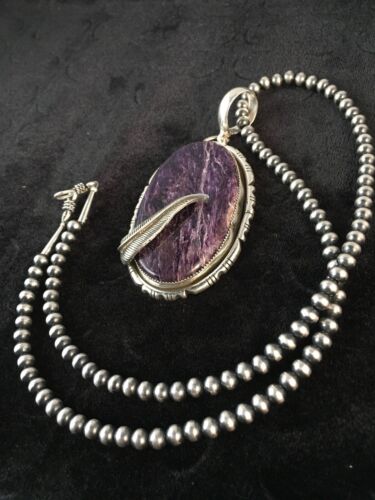 Navajo Charoite Feather Pendant | Sterling Silver Pearls Necklace | Authentic Native American Handmade | 8739