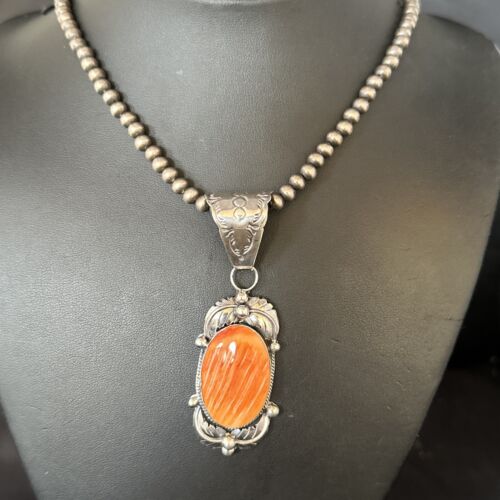 Navajo Orange Spiny Oyster Necklace Pendant | Sterling Silver | Authentic Native American Handmade | 14681