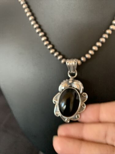 Native American Men's Navajo Pearls Necklace with Black Onyx Pendant | Sterling Silver | 13089