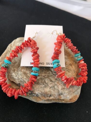 Navajo Sterling Silver Turquoise Spiny Oyster Earrings | 2" | Authentic Native American Handmade | 2038
