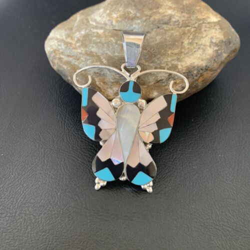 Zuni Blue Turquoise Coral Butterfly  Inlay Pendant | Sterling Silver Necklace | Authentic Native American Handmade | 11966