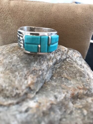 Navajo Turquoise Inlay Sterling Silver Thumb Ring | Sz 14 | Handmade Southwestern