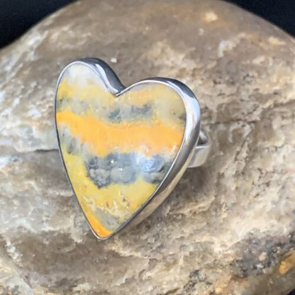 Navajo Sterling Silver Yellow Heart Bumble Bee Jasper Ring | Sz 8 Adjustable | Handmade Jewelry | 14023
