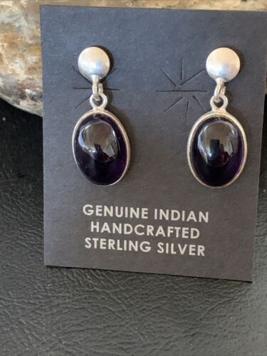 Navajo Black Onyx Post Drop Earrings | Sterling Silver | 0.5" | Authentic Native American Handmade | 12648