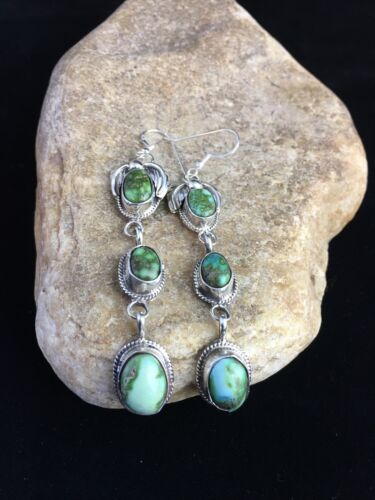 Navajo Green Sonoran Gold Turquoise 3Dangle Earrings | Sterling Silver | Authentic Native American Handmade | 1791