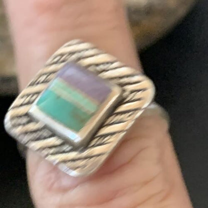 Navajo Green Turquoise Sugilite Inlay Ring | Sz 7 | Sterling Silver | Authentic Native American Handmade | 11287