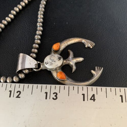 Navajo White Buffalo Turquoise & Spiny Oyster Naja Pendant | Sterling Silver | Authentic Native American Handmade | 13647