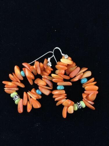 Navajo Orange Coral Turquoise Earrings Set | Sterling Silver | Authentic Native American Handmade | 1784