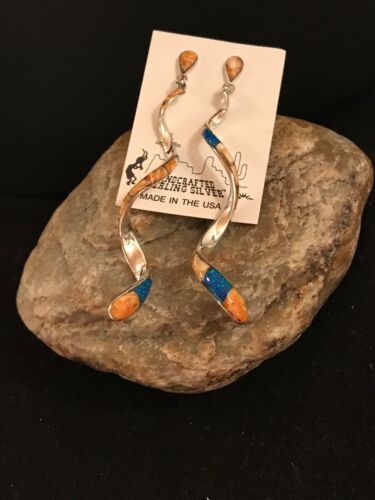 Navajo Snake Swirl Spiny Opal Inlay Sterling Silver Earrings | Long 3.25" Dangle | Southwestern Native American | 1059