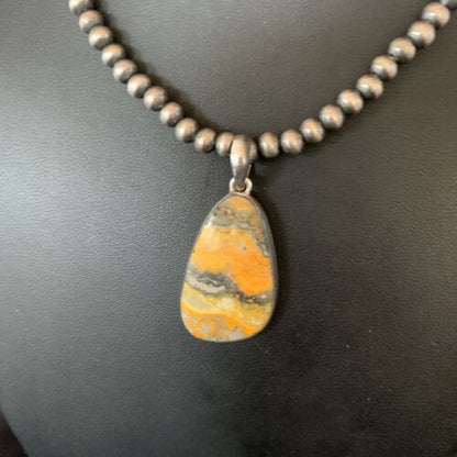 Navajo Yellow Bumblebee Jasper Pendant Necklace | Sterling Silver | Authentic Native American Handmade | 12812