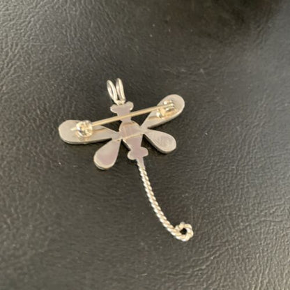 Zuni Turquoise Mother of Pearl Inlay Dragonfly Necklace Pin Pendant | Sterling Silver | 12321