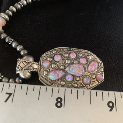 Navajo Pink Opal Beads Necklace with Multi-Stone Mother of Pearl Pendant | Sterling Silver | 13442
