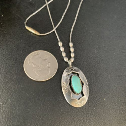 Navajo Blue Turquoise Shadowbox Pendant | Sterling Heishi Necklace | Authentic Native American Handmade | 13690