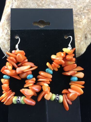 Navajo Orange Coral Turquoise Earrings Set | Sterling Silver | Authentic Native American Handmade | 1784