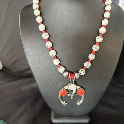Navajo White Buffalo Turquoise Coral Naja Pendant Necklace | Sterling Silver | 24" | 14687