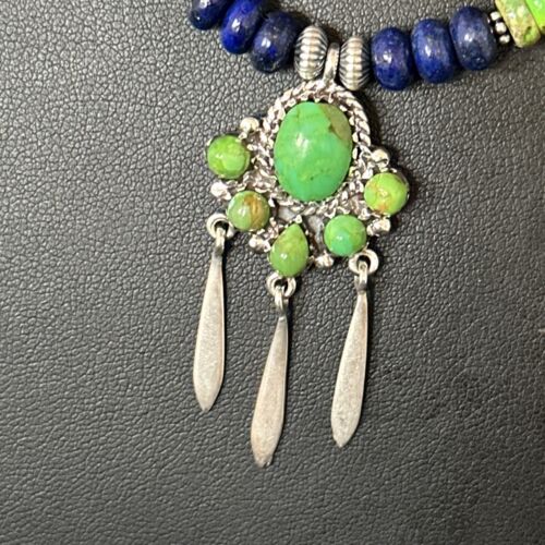 Navajo Green Turquoise Lapis Multi-Stone Necklace Pendant | Authentic Native American Sterling Silver | 14615