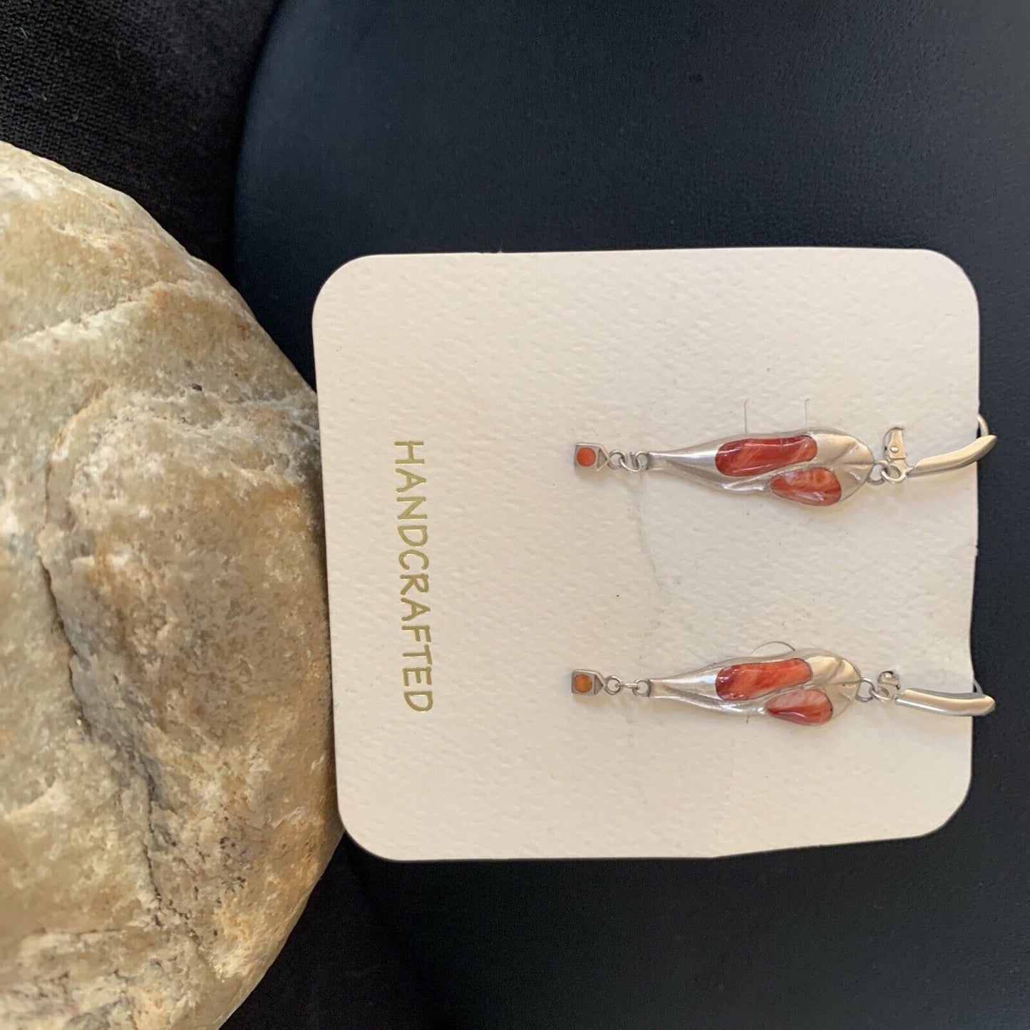 Navajo Red Spiny Oyster Inlay Earrings | Sterling Silver | 2" | Authentic Native American Handmade | 1520