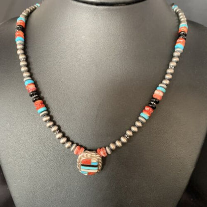 Authentic Navajo Sterling Silver Necklace | Turquoise & Onyx Multi-Color Inlay Pendant | Native American Jewelry | 13558