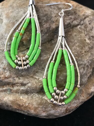 Navajo Green Gaspeite Earrings | Sterling Silver Liquid Heishi Dangle | 2.25" | Authentic Native American Handmade | 2021