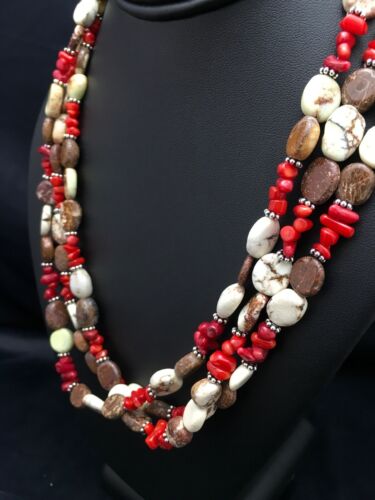Navajo Sterling Silver Wild Horse Turquoise Coral Necklace | 3-Strand | Authentic Native American Handmade | 3097