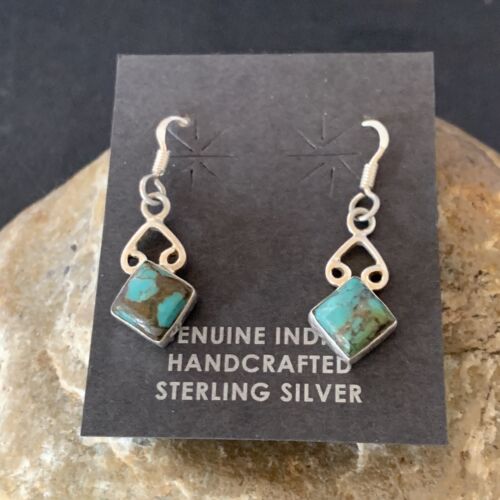 Navajo Blue Turquoise Dangle Earrings | Sterling Silver | 0.5" | Authentic Native American Handmade | 12750