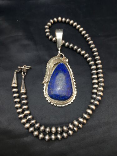 Navajo Lapis Pendant Necklace | Sterling Silver Pearls | Authentic Native American Handmade | 1005