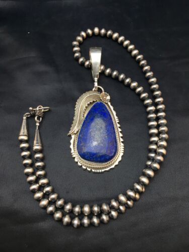 Navajo Lapis Pendant Necklace | Sterling Silver Pearls | Authentic Native American Handmade | 1005 - Masha USA