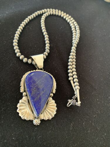Native American Men's Navajo Pearls Necklace Pendant | Sterling Silver Blue Lapis | 1539