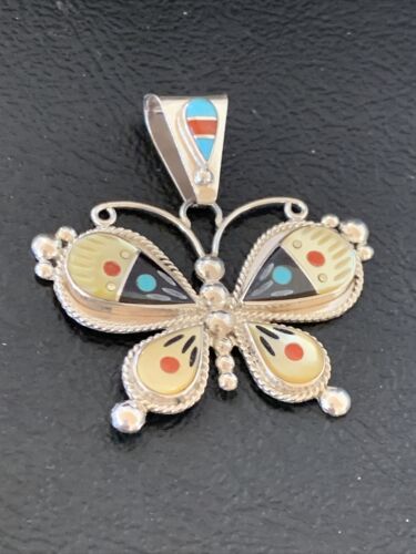 Zuni Blue Turquoise Coral Mother of Pearl Butterfly Inlay Pendant Necklace | Sterling Silver | 11969