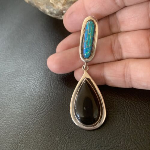 Navajo Black Onyx Blue Opal Inlay Pendant | Sterling Silver | Authentic Native American Handmade | 12885